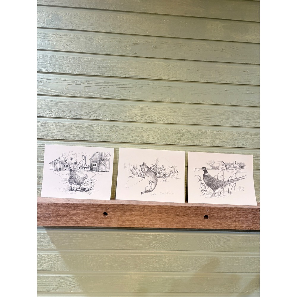 Victor L. Erickson Wildlife Prints Set of 3 Pheasant Hen Trout 1994 Pen & Ink